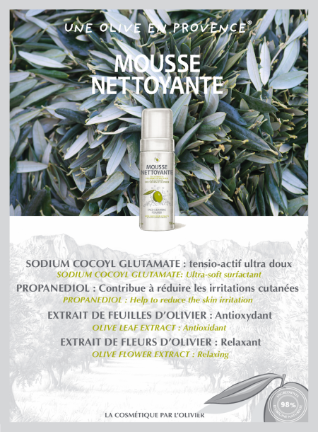 Mousse nettoyante aux extraits de feuilles d'olivier